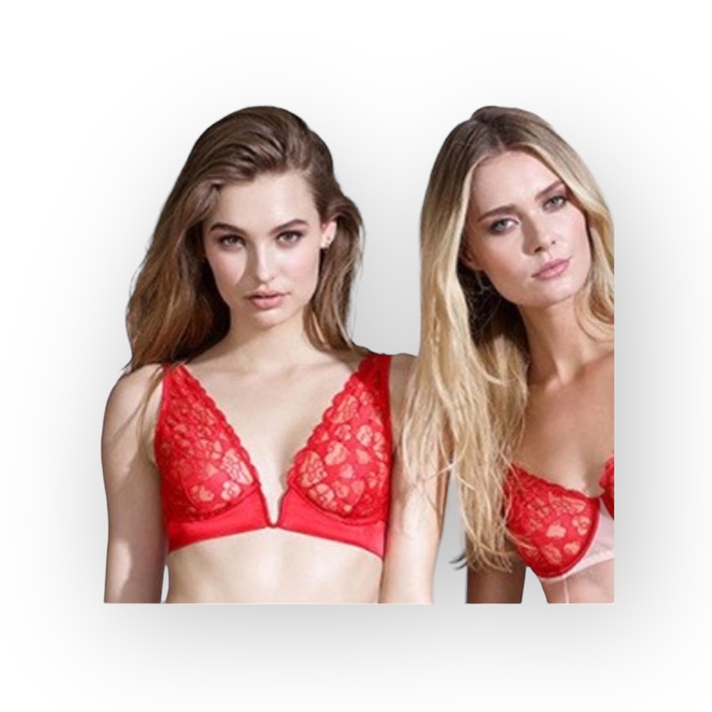 new Mimi Holliday ❤︎︎ Poison Ivy Deep V Plunge ❤︎︎ Heart Lace Bra ❤︎︎ Scarlet - Picture 4 of 16